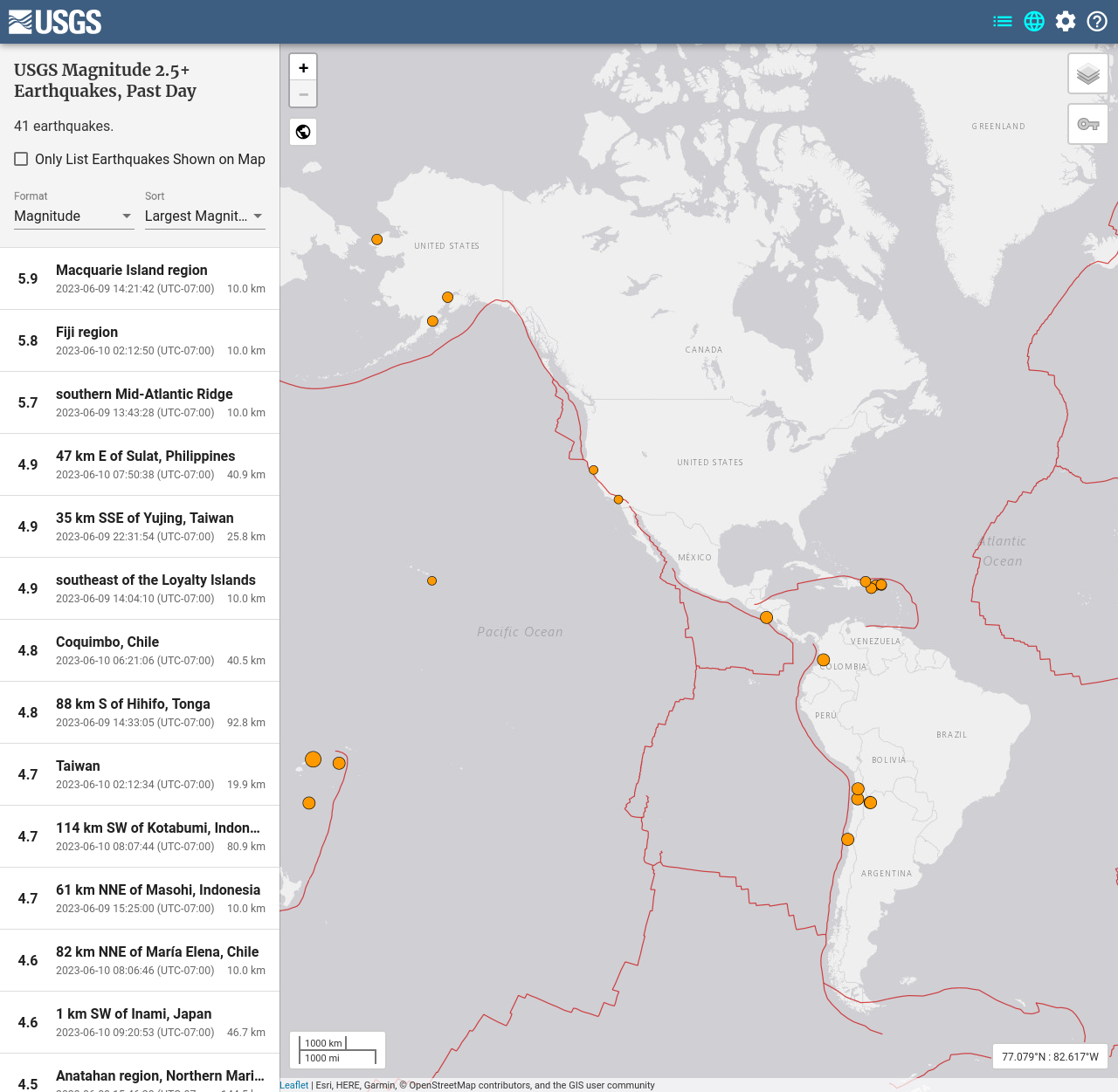 Screenshot of latest earthquakes